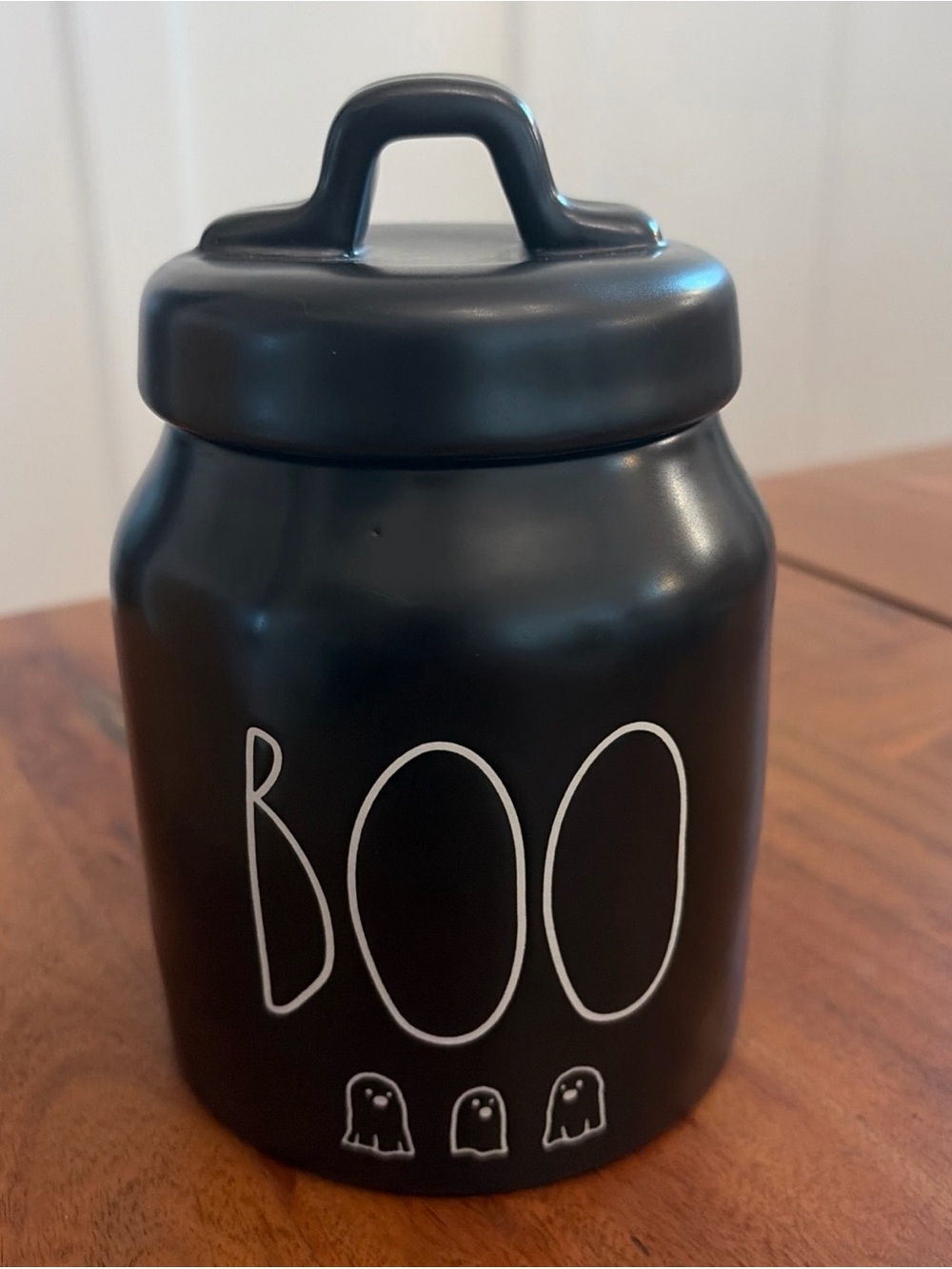 Rae Dunn Halloween ‘21 BOO Black Ceramic Baby Chubby Canister Jar 3 White Ghosts